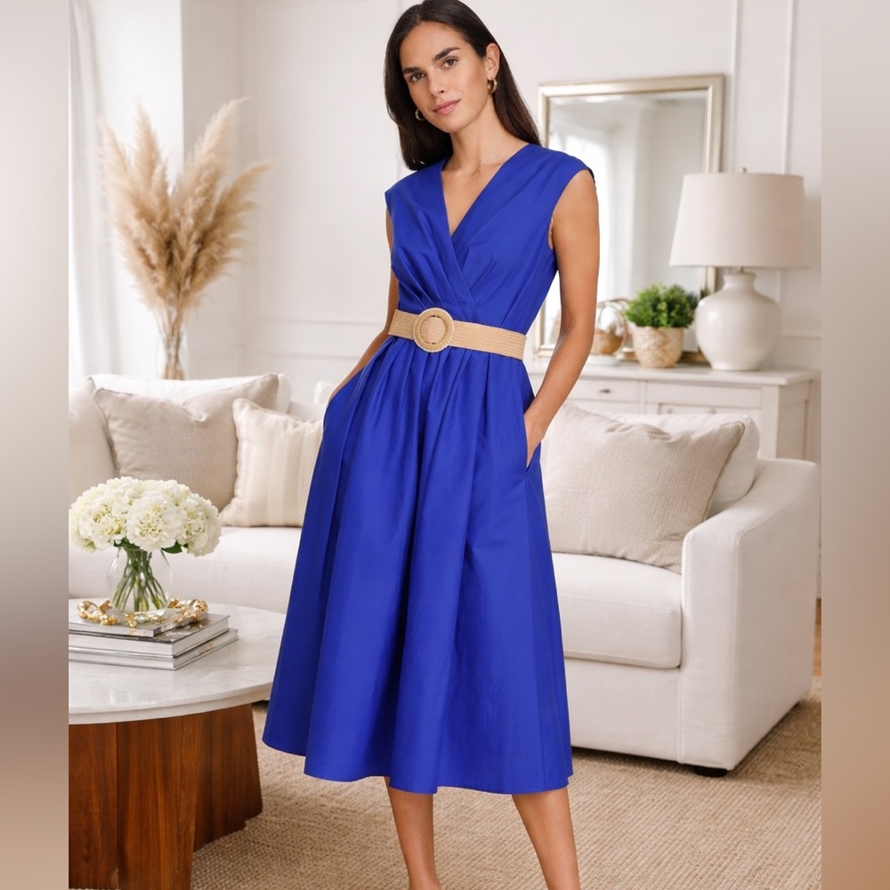 Jessica Howard Blue Belted Midi Dress Petite Size 10P NWT Office Vacation - Picture 3 of 9